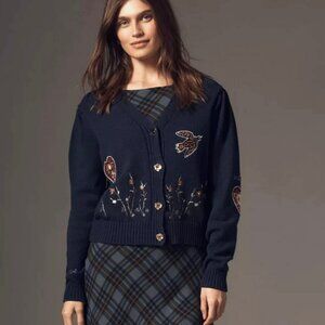 Anthropologie Maeve Embellished Bird Flowers V-Neck Cardigan Sweater Size XS NWT